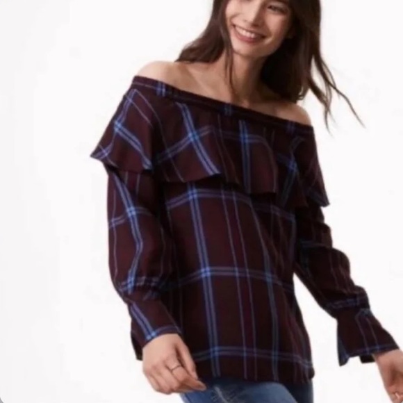 Ann Taylor LOFT Burgundy/Blue Plaid Off-Shoulder Blouse Sz Large - Picture 1 of 12